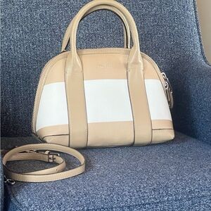 COACH Bleecker Mini Preston Striped Coated Canvas Satchel in Tan & White 30172
